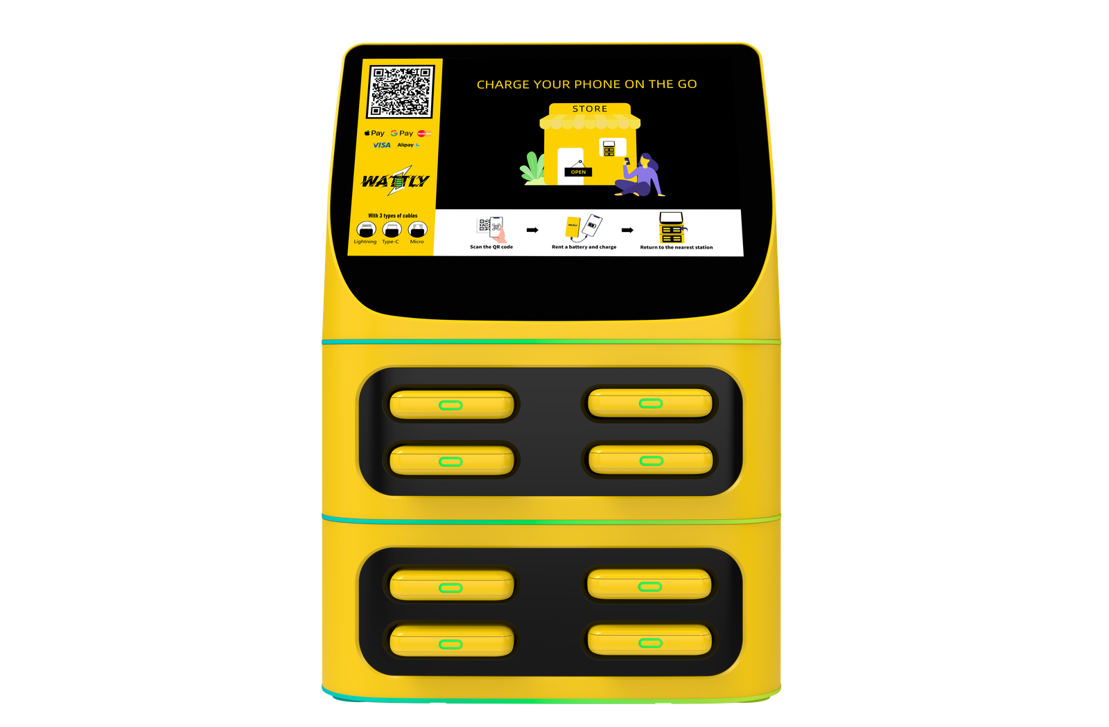Wattly rental station with 8 power bank slots